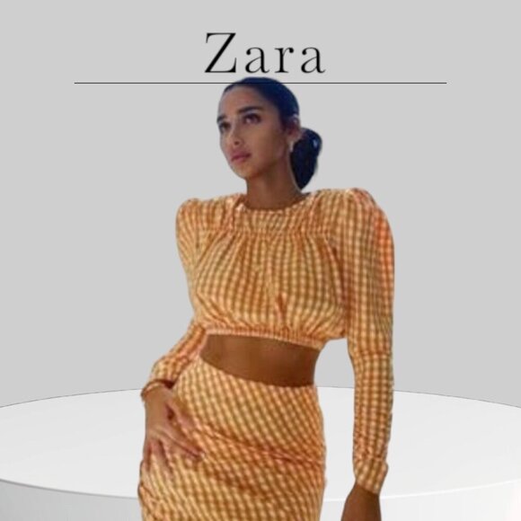 Zara Yellow Orange Gingham Checked Long Puff Sleeve Crop Top Size Medium - Picture 1 of 10